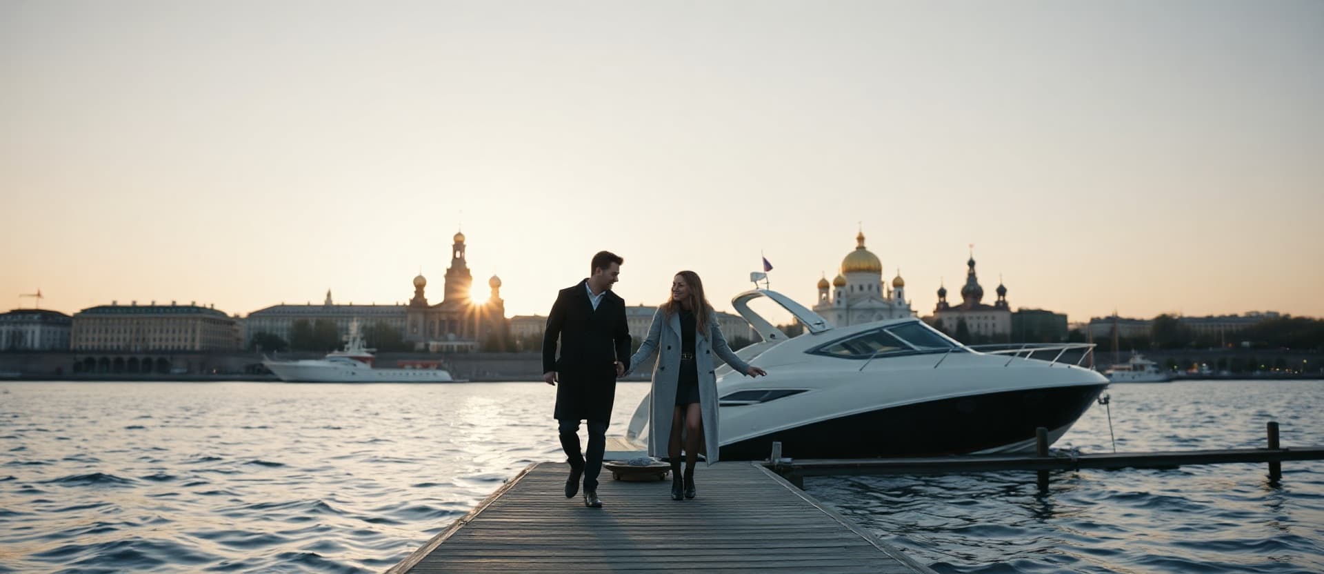 Посадка на катер у причала на Неве, Санкт-Петербург